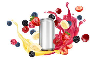 Fototapete - Mixed berries smoothies fruit splashing with canned of Tropical fruits isolated on white background. Vector in 3D illustrations. Food and drink concept. 