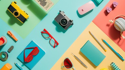Poster - A flat lay of various colorful objects on a green, blue, yellow, and pink striped background.