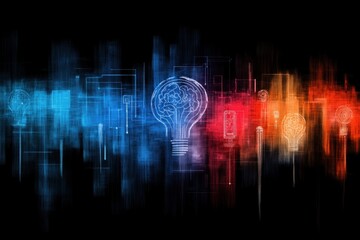 Poster - Vibrant colors blend together to illustrate human intelligence, highlighted by light bulb icons and abstract neural patterns. This artwork captures the essence of creative thinking and innovation