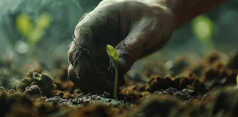 Poster - Hands planting a seeds. Sustainable farming. symbolizing growth and nurturing in agriculture. close-up shot.