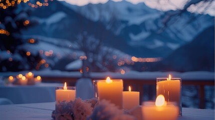 Poster - Blurred background of a dreamy winter wedding, friends dressed in elegant attire, candles glowing softly, majestic mountains in the far background, sophisticated ambiance.