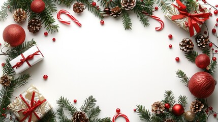 Poster - Christmas frame border with gifts, candy canes, and pine branches on a white background. Christmas card template design illustration isolated on white background. Flat lay. top view.
