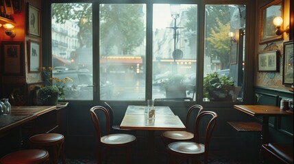 Poster - Interior of a very small and charming cafe. Moody atmosphere with dramatic light, fog.