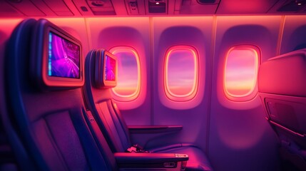 Sticker - Airplane cabin interior at sunset, pink and purple lighting.