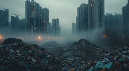 Aufkleber - A futuristic skyline, with numerous high-rise buildings, as seen from a distance through the fog, beyond huge piles of trash, dark and devoid of any plants or trees, at dusk fading light.