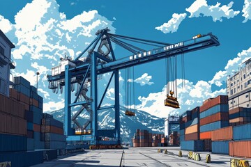 Wall Mural - huge port with blue crane filled with containers no background