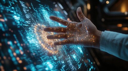 Poster - Ai generates dynamic interaction with digital data streams via hand futuristic environment technology concept