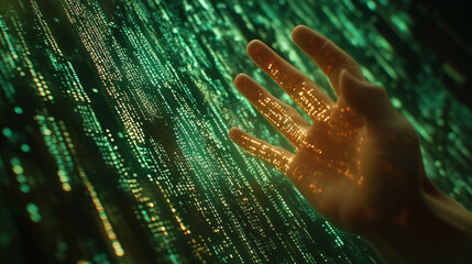 Fototapete - Ai generates interaction with flowing binary code in digital landscape technology concept enhanced visuals for seo impact