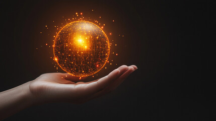 Fototapete - Ai generate hand supporting a glowing digital network sphere technology environment abstract viewpoint concept