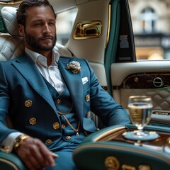 Poster - Interior of the luxury car features green leather seats with gold-plated details, and a champagne flute on the coffee table next to it. a man in a blue suit sitting in the back seat of a limousine.