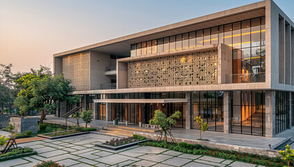 Poster - A modern Indian school building, designed with high ceilings and subtle traditional accents. The building has a clean, minimalist facade made of local stone and glass, with a high-ceilinged lobby.