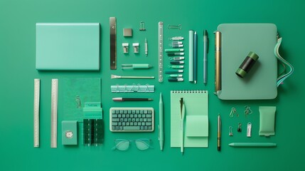 Poster - A flat lay of various office supplies, including a keyboard, notebooks, a camera, pens, pencils, a backpack, and a watch.