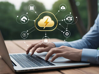 Poster - A person uses a laptop outdoors, actively engaged in cloud computing. Digital icons represent data management, security, and connectivity in a calm environment surrounded by nature.