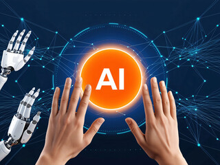 Poster - Human and robotic hands extend towards an orange symbol representing AI, surrounded by a network of digital connections, symbolizing collaboration between technology and humanity.