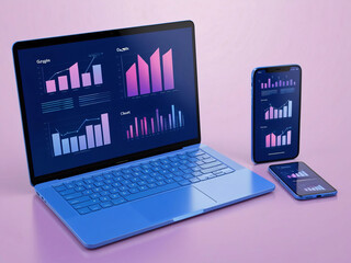 Poster - A workspace features a laptop, tablet, and smartphone displaying colorful graphs and charts, illustrating data analysis. Bright colors enhance the digital display.