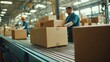 © spyrakot - Industrial Conveyor Belt in Packaging Facility with Quality Assurance Workers Under Factory Lighting