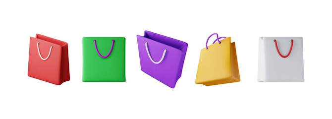 Poster - 3D set of shopping bag isolated on white background. Render collection of realistic gift bag. Sale discount or clearance concept. Online or retail shopping symbol. Fashion handbag. Vector illustration