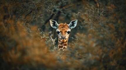 Wall Mural - Baby giraffe peeking out from behind trees, curious and innocent, adorable and young, safari environment, soft and gentle light.