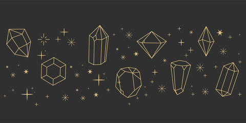Wall Mural - magic crystal sacred geometry polyhedron celestial esoteric seamless border with gold line gemstone 