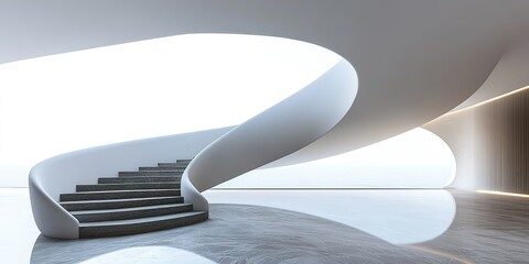 Poster - Modern curved staircase in a bright, minimalist architectural space with flowing lines and soft lighting