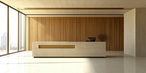 Poster - Modern reception area with large windows and minimalist design at a corporate office