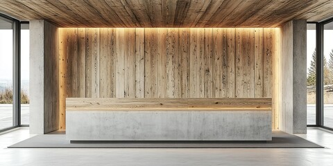 Poster - Modern reception area with wooden and concrete design featuring ambient lighting in a minimalist setting