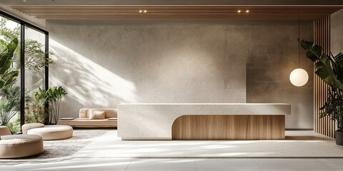 Poster - Modern reception area with minimalist design, natural light, and greenery