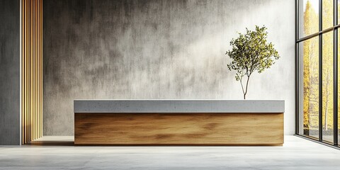 Poster - Minimalist reception area with natural light and modern design elements showcasing a wooden desk and indoor plant