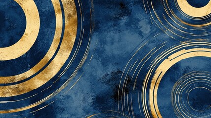 Wall Mural - Abstract blue and gold concentric circles on textured background.