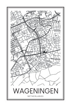 Printable downtown road map poster of the Dutch city of WAGENINGEN on solid white background with city name