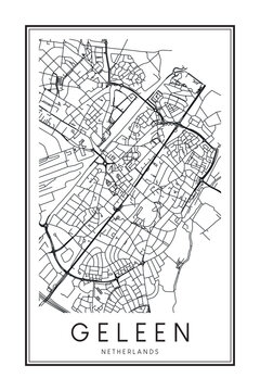 Printable downtown road map poster of the Dutch city of GELEEN on solid white background with city name