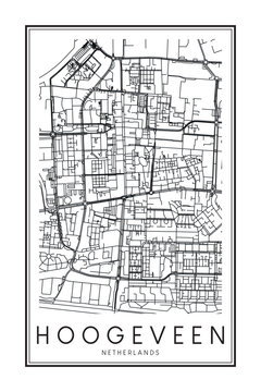 Printable downtown road map poster of the Dutch city of HOOGEVEEN on solid white background with city name