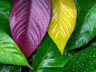 Wall Mural - Vibrant, raindrop-covered leaves in shades of green, purple, and yellow showcase nature's beauty and diversity.