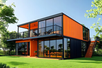 Poster - Modern orange and black shipping container home with large windows, second-floor terrace, and outdoor staircase, surrounded by green grass and trees under a clear blue sky