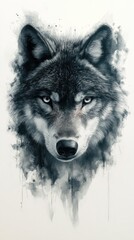  Watercolor wolf portrait, intense gaze, grey fur.