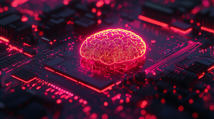 Poster - Ai generates a glowing neural brain symbol on micro enhancedsr circuit technology lab digital art futuristic environment