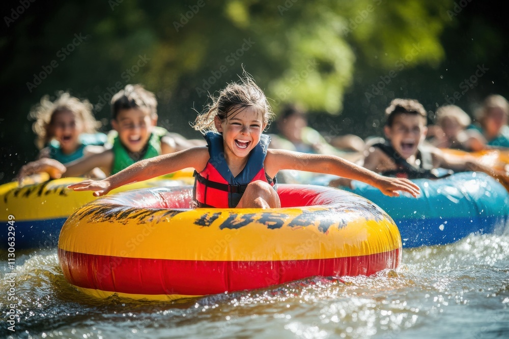 Kids on inflatable floats racing each other capturing excitement and ...
