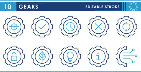 Fototapete - A set of line icons related to gears, settings, or setup. Target, completion, eco-friendly, and so on. Icons for social media and designs. Vector editable stroke.