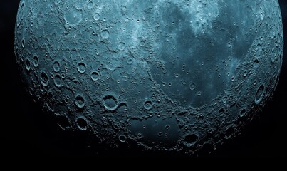 teal celestial body, cratered surface, dark background.
