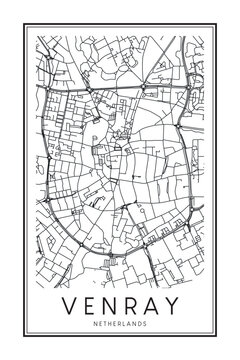 Printable downtown road map poster of the Dutch city of VENRAY on solid white background with city name