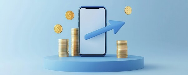 Poster - 3D illustration of financial growth with smartphone and gold coins