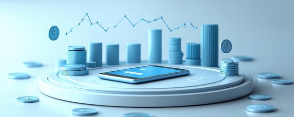 Poster - Modern 3D blue and white illustration of smartphone with financial icons on table