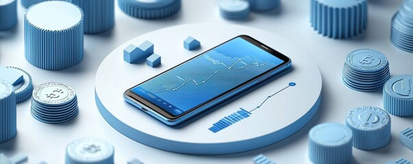 Poster - Futuristic blue and white financial growth concept with coins and smartphone