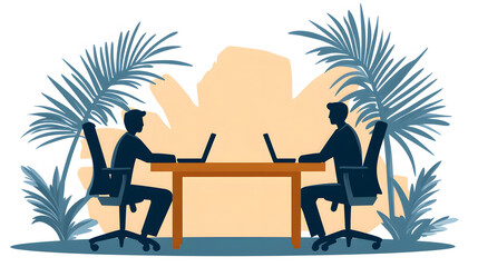 Poster - Two individuals work at a desk with laptops, surrounded by palm leaves, creating a serene office atmosphere