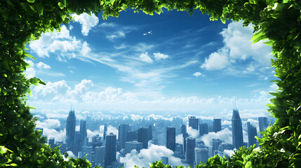 Aufkleber - A vibrant city skyline framed by lush greenery and a bright blue sky with fluffy clouds, symbolizing harmony between nature and urban life
