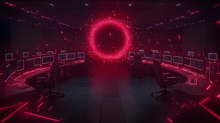 Aufkleber - A futuristic control room with glowing red lights and a central circular portal surrounded by computer stations