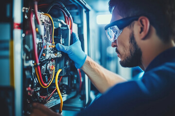 Poster - man in a blue shirt and goggles is working on a piece of equipment. He is wearing gloves and he is focused on his task