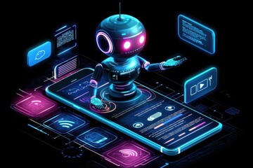 Poster - Futuristic chatbot interacting with an AI-powered mobile device in a digital environment