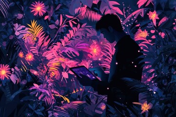 Poster - A man interacts with a futuristic AI interface amidst vibrant foliage