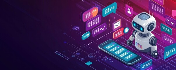 Poster - Digital communication concept with futuristic smartphone on purple and blue gradient